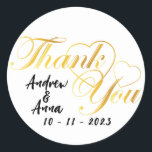 Adesivo obrigado coração dourado<br><div class="desc">Desenho tipográfico de agradecimento pelo casamento com variações de coração em cor dourada</div>