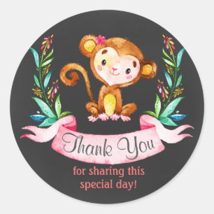 Adesivo Obrigado da menina do macaco da aguarela do quadro