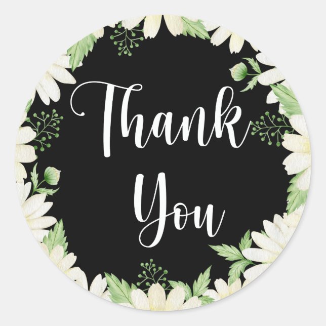 Adesivo Obrigado Daisy Flowers Black Classic Round Stick (Frente)