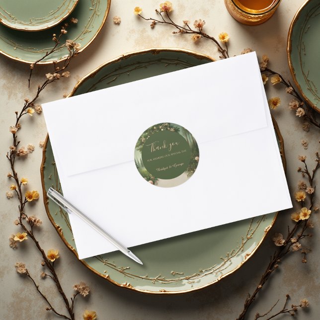 Adesivo obrigado de Casamento da Floresta Medieval Verde (Criador carregado)