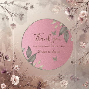 Adesivo Obrigado de Casamento de Folhagem de Glitter Rosa-