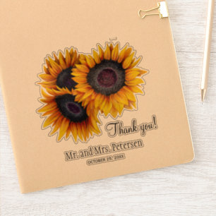 Adesivo obrigado de casamento de girassóis amarelos e nom