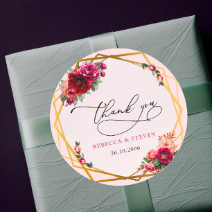 Adesivo Obrigado de casamento de ouro floral cor-de-rosa-v