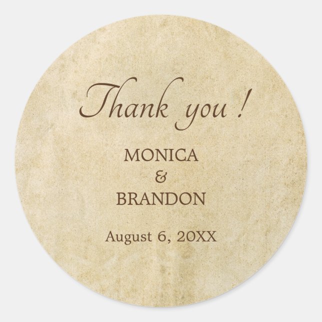 Adesivo Obrigado de casamento de papel antigo você favorec (Frente)
