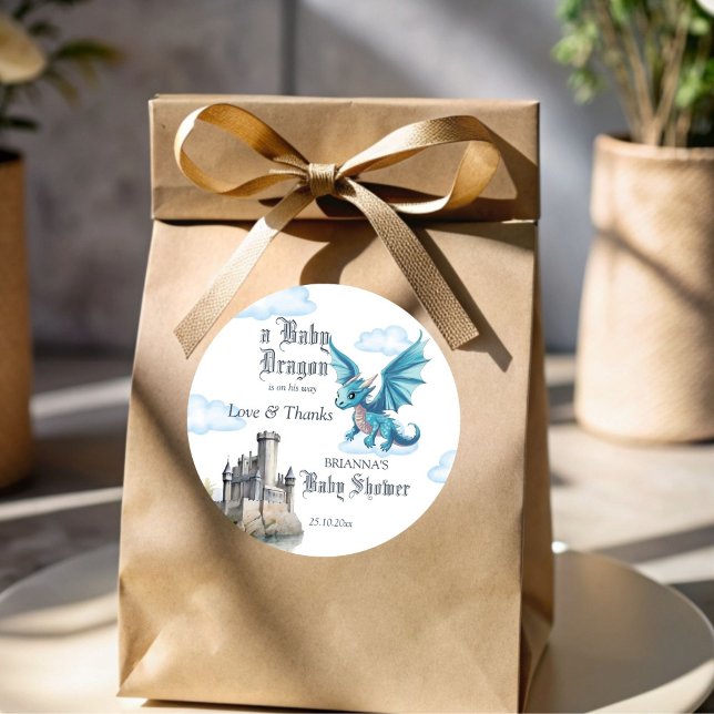 Adesivo Obrigado de chá de fraldas de dragão medieval (Medieval dragon baby shower thank you favor stickers cute blue dragon baby shower favor stickers)
