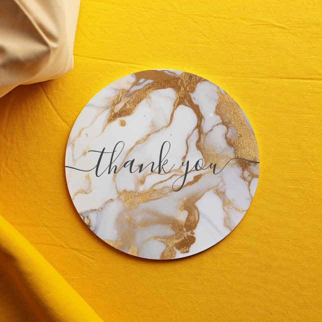 Adesivo Obrigado de cliente branco e dourado (White and gold marble thank you script sticker.)