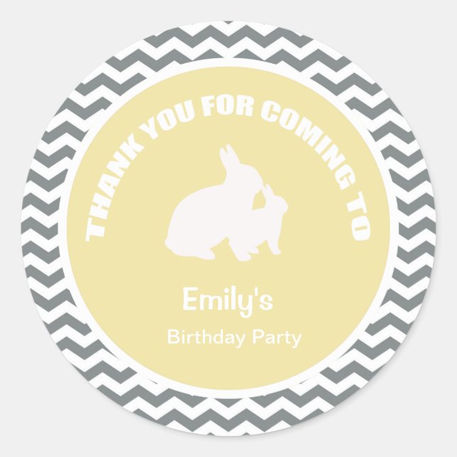 Adesivo Obrigado de festa de aniversário coelho amarelo (Frente)