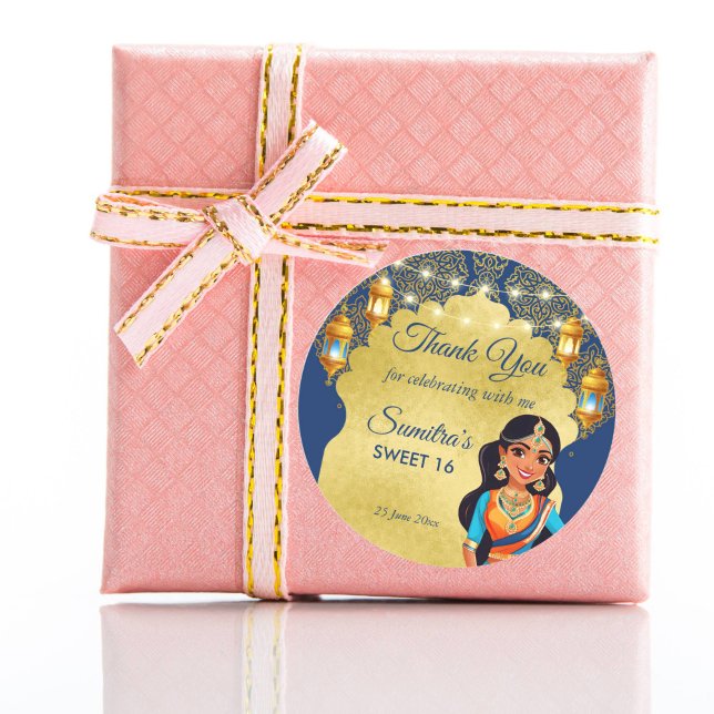 Adesivo Obrigado de festa de aniversario de meninas índia  (Indian style girls birthday party thank you favor stickers blue and gold Bollywood favor stickers)