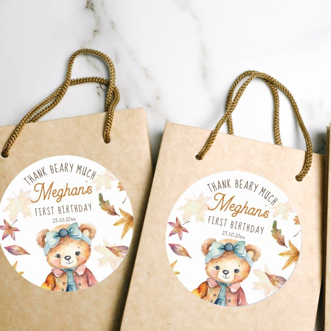 Adesivo Obrigado de festa de aniversário de ursinho de out (Teddy bear birthday favor gift thank you stickers cute girl teddy with a bow thank you beary much)