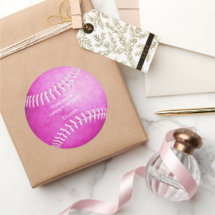 Adesivo obrigado de festa de softball rosa brilhante
