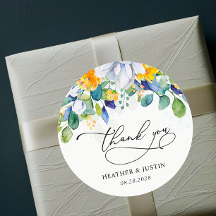 Adesivo Obrigado de monograma azul de casamento floral chi