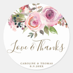 Adesivo obrigado e amor, adereço de casamento floral roxo