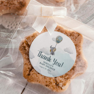 Adesivo Obrigado! Elefante-bebê-cinza no balão de ar quent