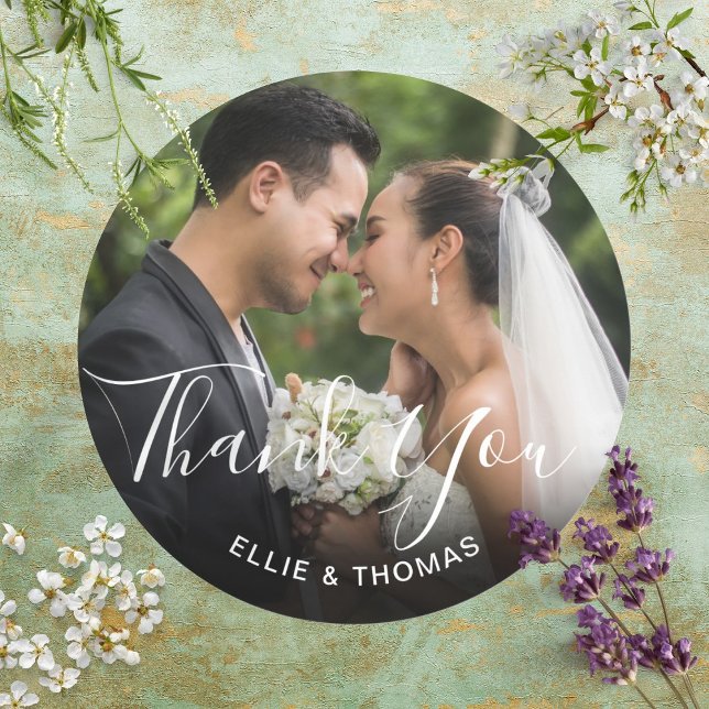 Adesivo Obrigado Elegante Rascunho (Photo Elegant Script Thank You Classic Round Sticker)