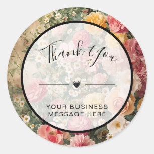 Adesivo Obrigado Empresas Vintage Flores Rosa e Amarelo