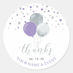 Adesivo Obrigado Favor da Festa de Balões Prata e Roxo