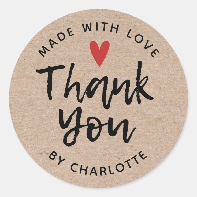 Adesivo Obrigado, Feita À Mão Com Amor, Russo Kraft (Frente)