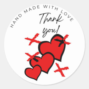 Adesivo Obrigado feito à mão com amor Xs e corações Adesiv