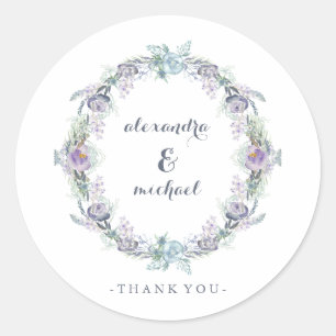 Adesivo Obrigado floral azul e roxo do casamento da