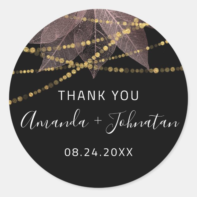 Adesivo Obrigado Folha de Ouro Rosa Nome Data Preto Dourad (Frente)