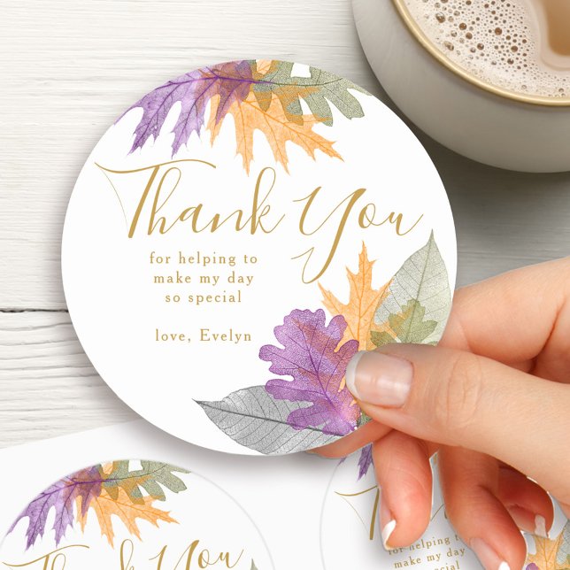 Adesivo Obrigado Folhas de Outono Elegante Rótulo em Ouro (October Leaves thank you sticker with fully editable gold text and autumn fall leaf design)