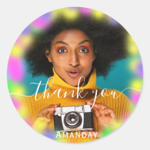 Adesivo Obrigado Foto Neon Rosa Festa Holográfico Graduado