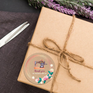 Adesivo Obrigado, máquina de costura, vinheta de kraft flo