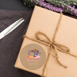 Adesivo Obrigado, máquina de costura, vinheta de kraft flo