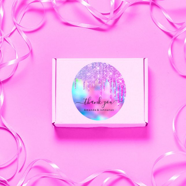 Adesivo Obrigado Noivas Sweet16th Brilho Holográfico Drips (Thank You Bridal Sweet16th Glitter Holograph Drips Classic Round Sticker)