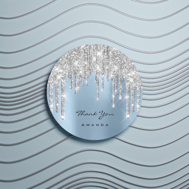 Adesivo Obrigado Nome 16º Bridal Silver Glitter Blue (Thank You Name 16th Bridal Silver Glitter Blue Classic Round Sticker)