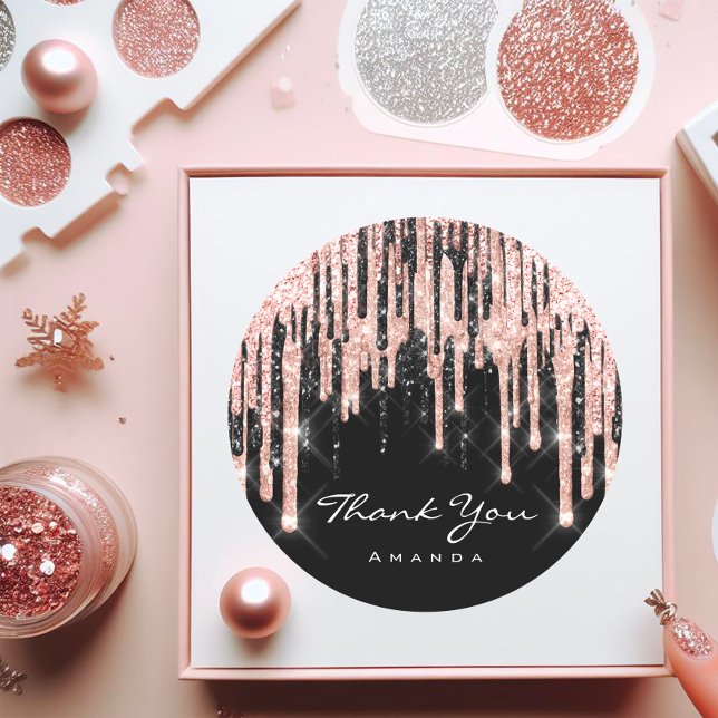 Adesivo Obrigado Nome 16º Chuveiro de Noiva Rosa Brilho (Thank You Name 16th Bridal Shower Rose Glitter Classic Round Sticker)