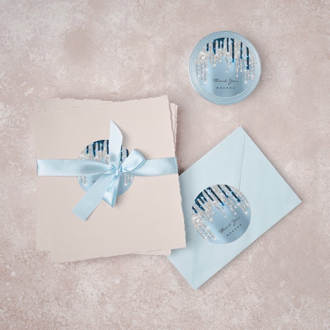 Adesivo Obrigado Nome 16º Marinho Bridal Silver Glitter (Thank You Name 16th Bridal Silver Glitter Navy Classic Round Sticker)