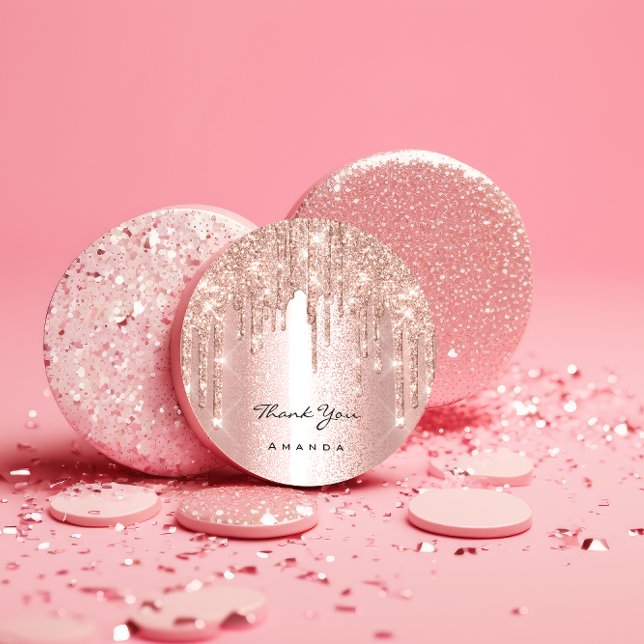 Adesivo Obrigado Nome 16º Rosa de Bridal Rosa (Thank You Name 16th Bridal Rose Glitter Pink Classic Round Sticker)