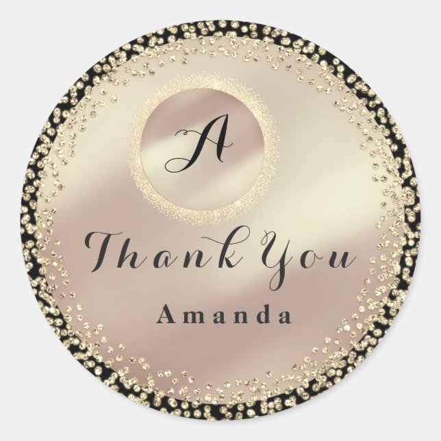 Adesivo Obrigado Nome Brilho Monograma Rosa Dourada Preta (Frente)