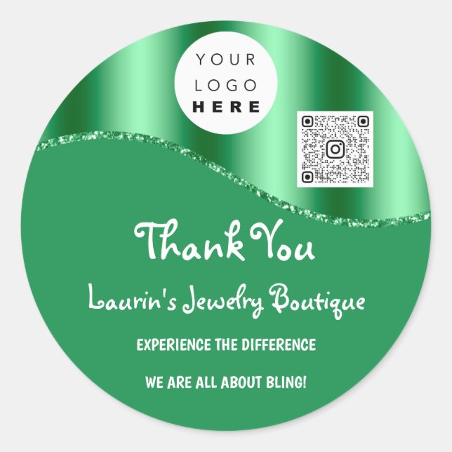 Adesivo Obrigado Nome Comercial Logotipo Qr Código Emerald (Frente)