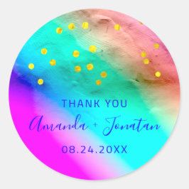Adesivo Obrigado Nome Data Azul Dourada Confetti Rainbow