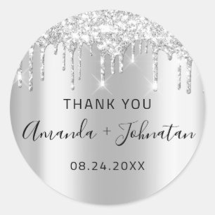 Adesivo Obrigado Nome Data Preto Prata Cinza Gotas