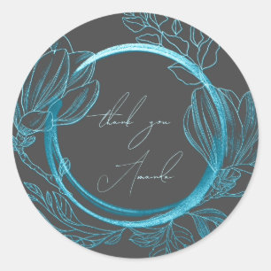 Adesivo Obrigado Nome Floral Cinza Azul Casamento Noiva