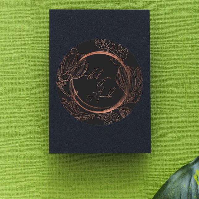 Adesivo Obrigado Nome Floral Copper Negro Bridal (Thank You Name Floral Copper Black Wedding Bridal Classic Round Sticker)