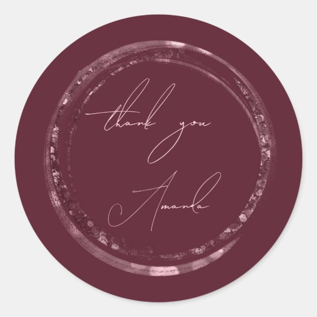 Adesivo Obrigado Nome Selo Rosa Burgundy Glitter  (Frente)