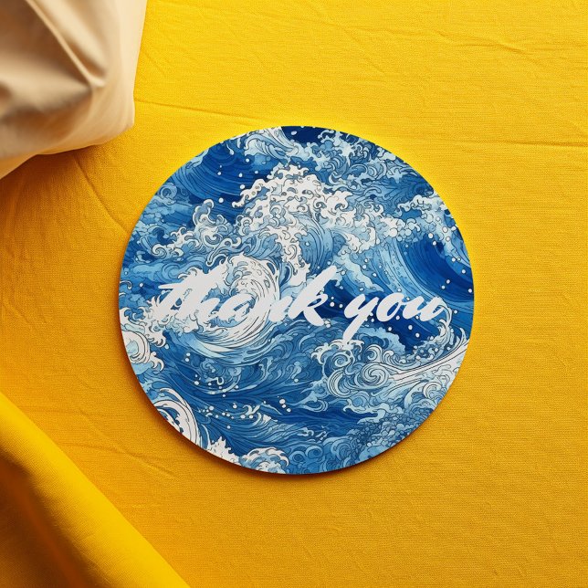 Adesivo Obrigado ondas batendo no oceano azul (Classic round stickers featuring a beautiful blue wave design.)