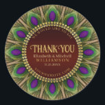 Adesivo Obrigado Ouro Peacock Feather Mandala<br><div class="desc">Design: Texto personalizável com um círculo de penas de pavão. Verduras lindas e púrpuras cores com ricas aparas de ouro. | Este nome personalizado decorativo e detalhes tornam design sobressalente para muitos eventos especiais - Noivado de óculos totalmente personalizável / presentes de manutenção de casamento (ou aniversário) para o casal...</div>