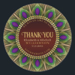 Adesivo Obrigado Ouro Peacock Feather Mandala<br><div class="desc">Design: Texto personalizável com um círculo de penas de pavão. Verduras lindas e púrpuras cores com ricas aparas de ouro. | Este nome personalizado decorativo e detalhes tornam design sobressalente para muitos eventos especiais - Noivado de óculos totalmente personalizável / presentes de manutenção de casamento (ou aniversário) para o casal...</div>
