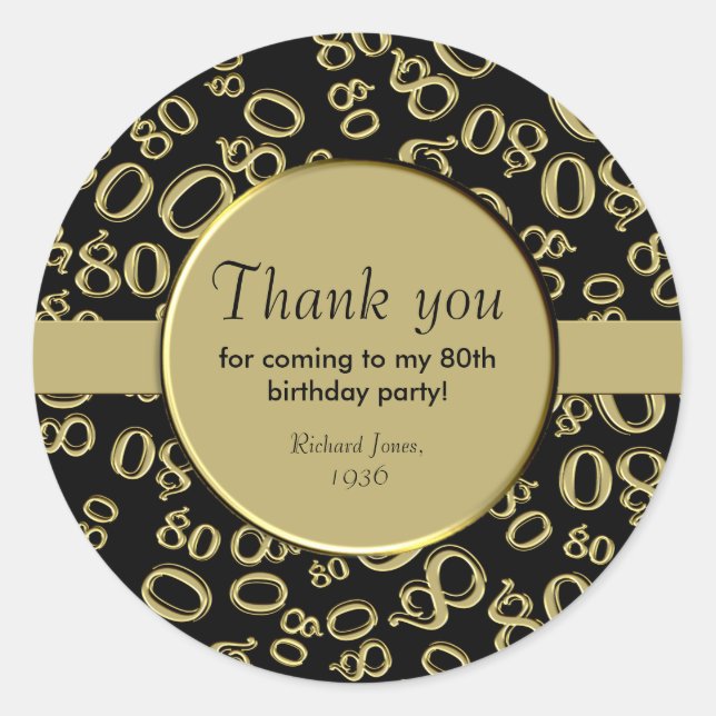 Adesivo Obrigado: Padrão de Números de 80 Dourado e Preto (Frente)