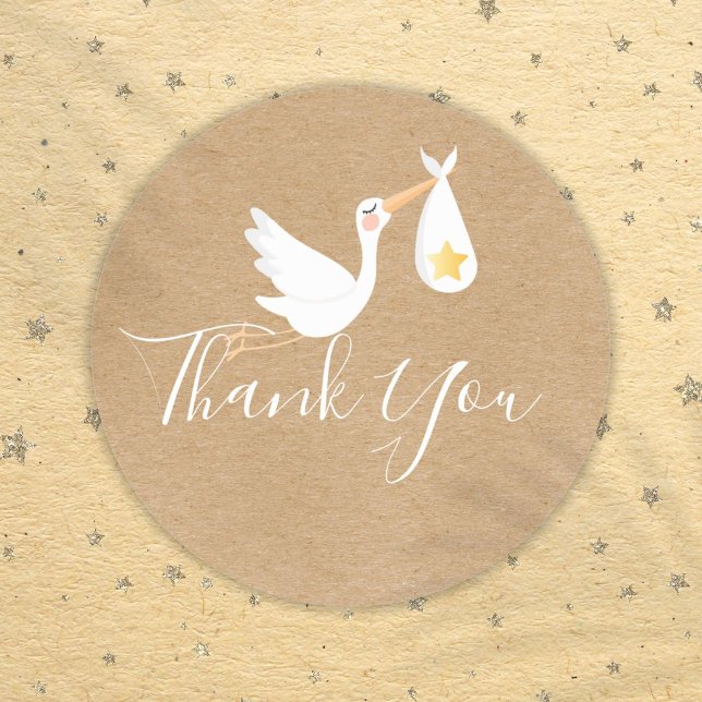 Adesivo Obrigado pelo Chuveiro de Bebê Estrela Dourada da  (Rustic Stork Gold Star Baby Shower Thank You Classic Round Sticker)