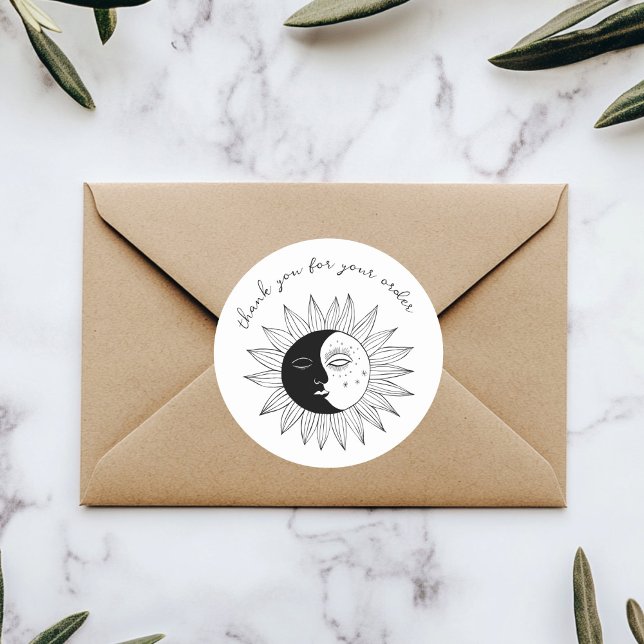 Adesivo "Obrigado pelo seu pedido" Sol e Lua Personalizado ("Thank you for your order" Cute Custom Sun & Moon Classic Round Sticker
)