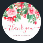 Adesivo Obrigado por escrever "Red Green Christmas floral"<br><div class="desc">Obrigado por escrever o tradicional floral verde de Natal com pintura manual de castanho,  flores vermelhas e árvore de pinheiro verde,  perfeito para o inverno e feriados.</div>