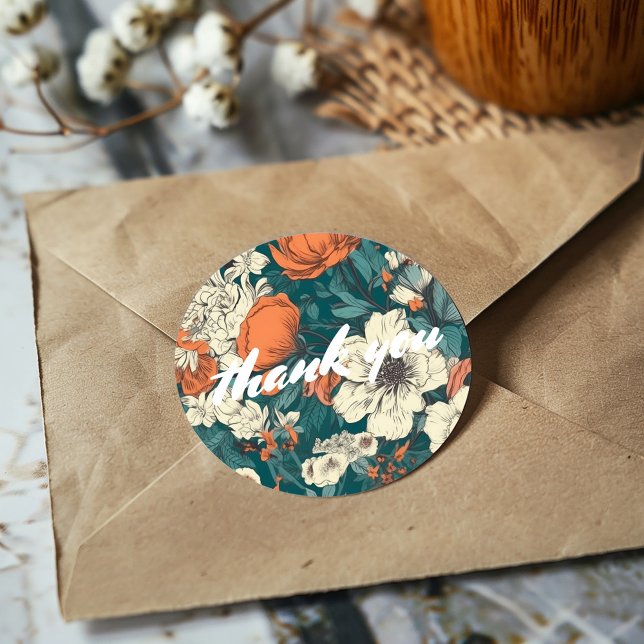 Adesivo Obrigado por flores de verão (Pretty flower thank-you sticker featuring a delicate and colorful floral design)