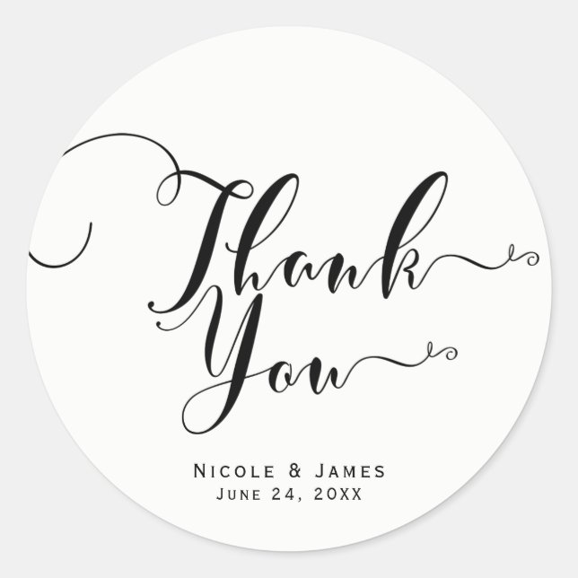 Adesivo Obrigado Preto Branco Script Favor de Casamento Pe (Frente)