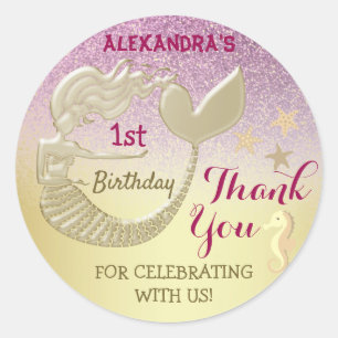 Adesivo Obrigado primeiro aniversario Sereia Rosa e Dourad